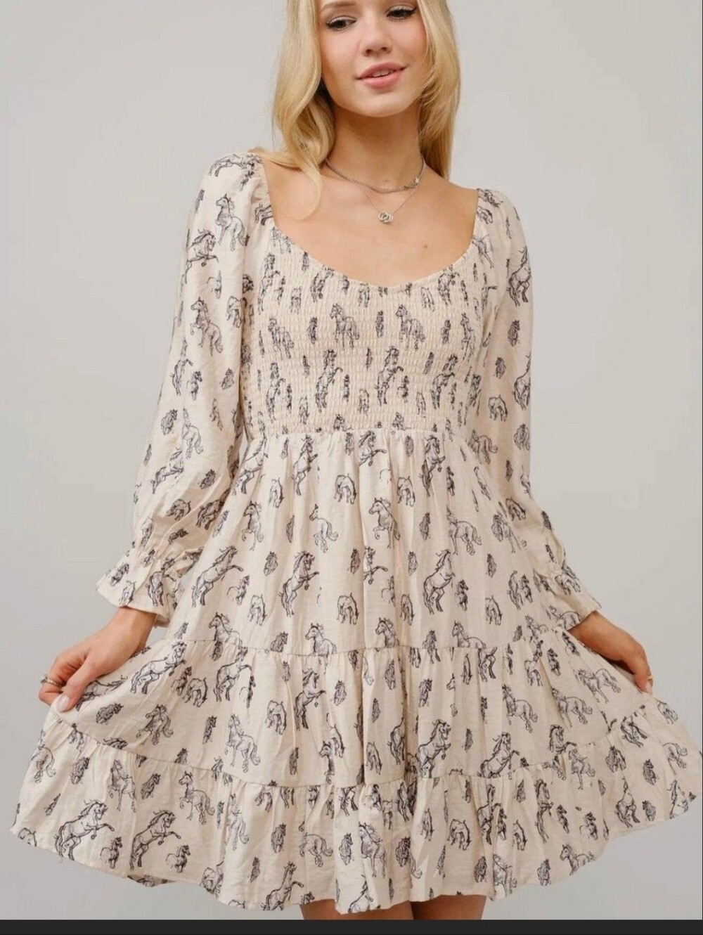 Cream Smocked Tiered Dress with Navy Blue  Horse Print Size Large